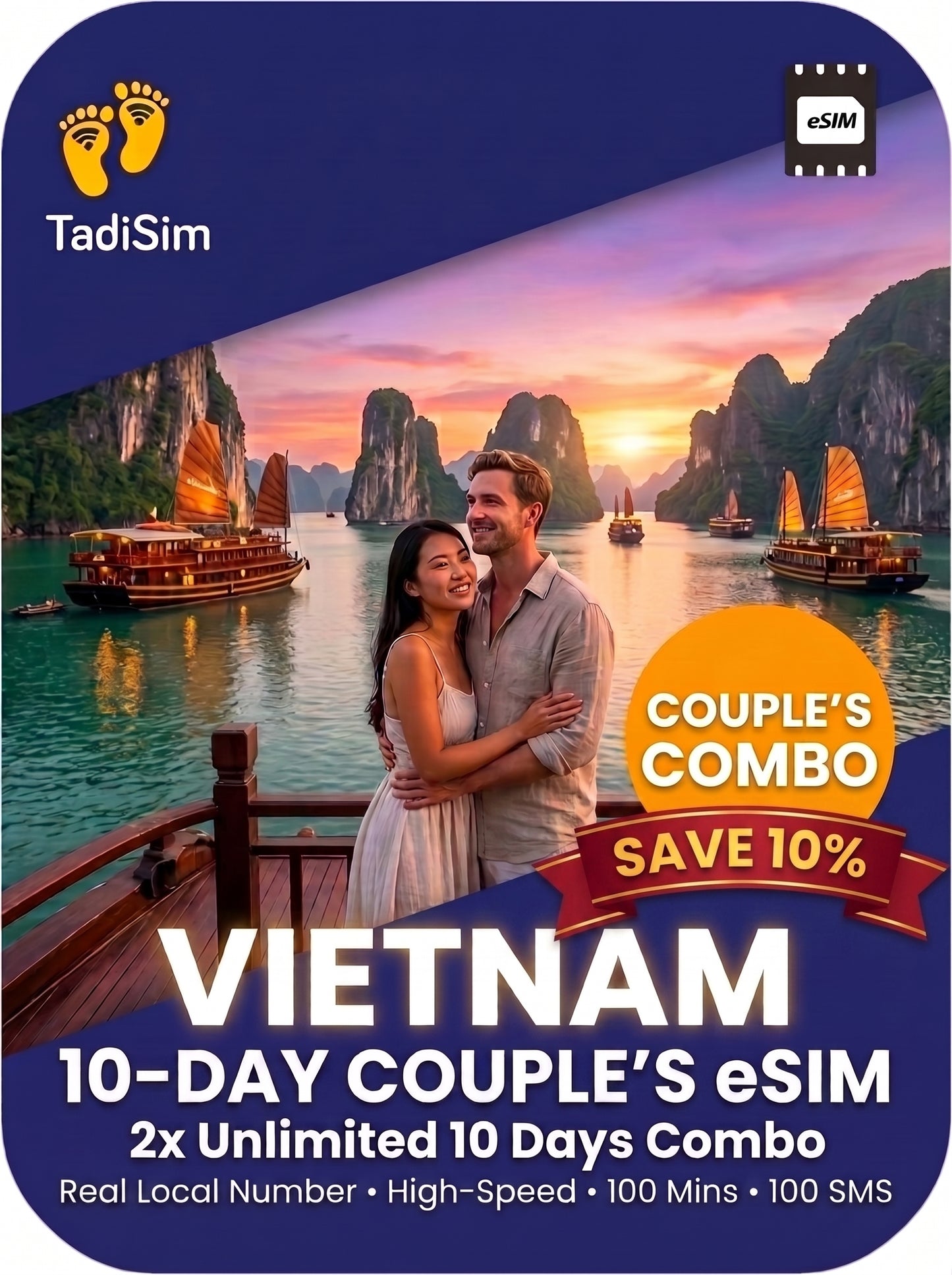 Promotional graphic for a TadiSim Vietnam 10-day couple's eSIM travel plan, featuring a scenic sunset over Ha Long Bay with boats and karsts, a couple on a boat, and text offering 2x unlimited 10 days combo with 100 mins and 100 SMS.