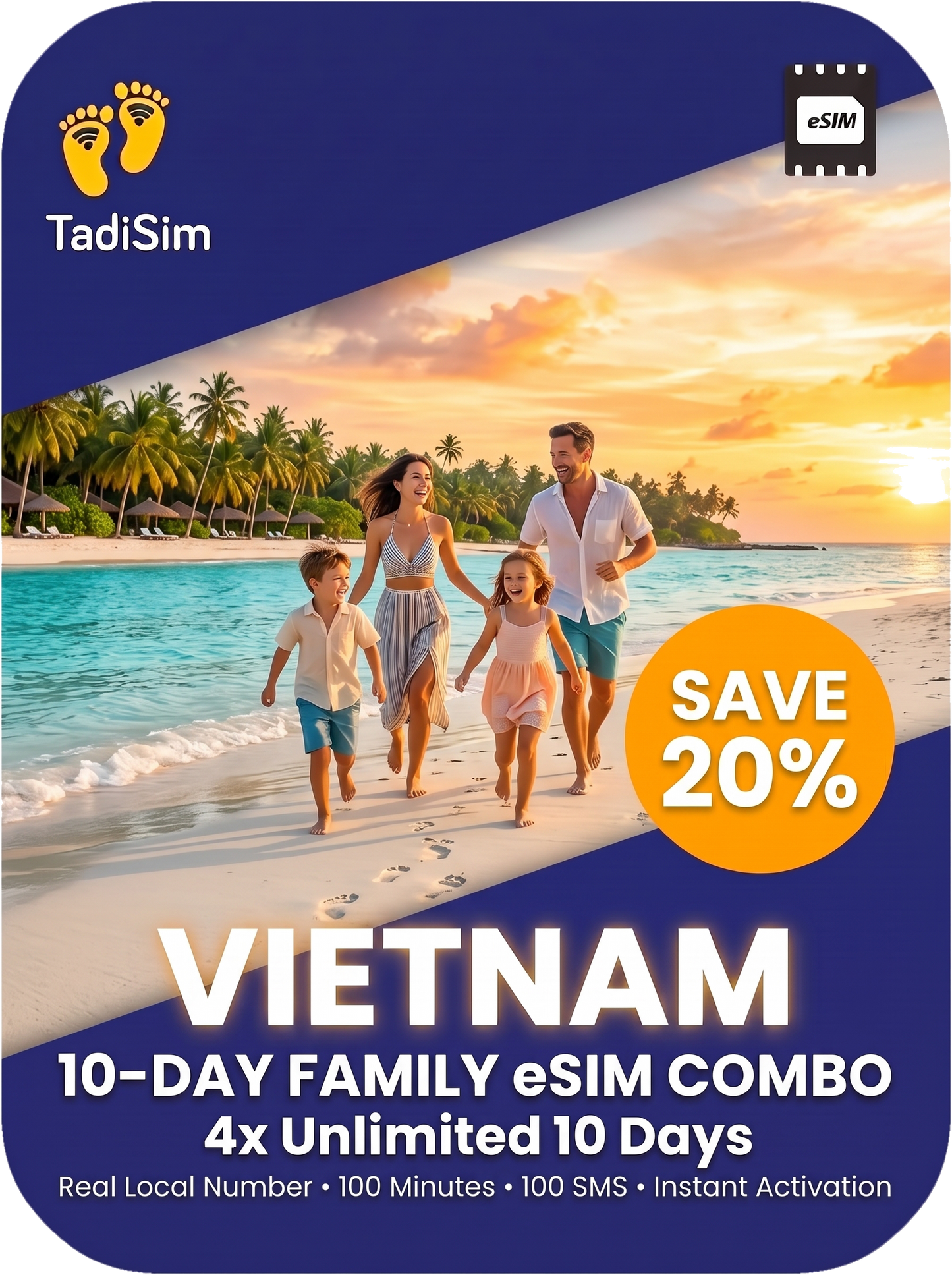 Promotional graphic for a TadiSim eSIM Vietnam 10-day family combo. The design features a dark blue border with the TadiSim logo and an eSIM icon, framing a central photo of a family walking on a tropical beach at sunset.