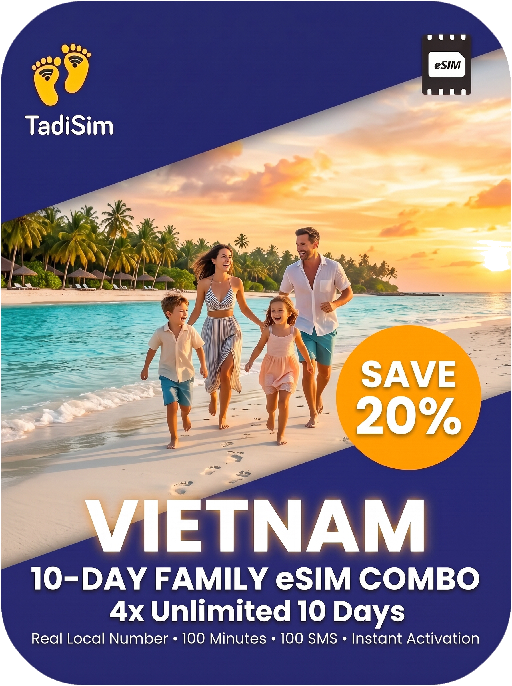 Promotional graphic for a TadiSim eSIM Vietnam 10-day family combo. The design features a dark blue border with the TadiSim logo and an eSIM icon, framing a central photo of a family walking on a tropical beach at sunset.