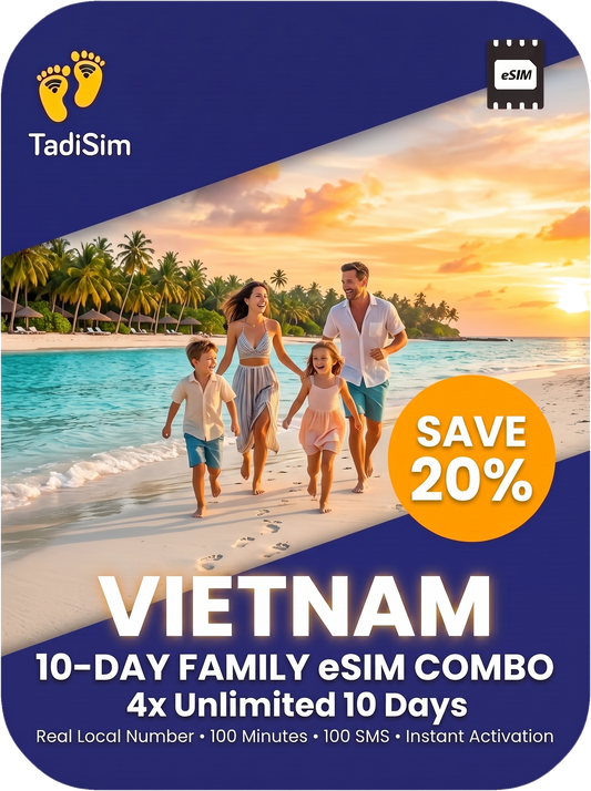 Promotional graphic for a TadiSim eSIM Vietnam 10-day family combo. The design features a dark blue border with the TadiSim logo and an eSIM icon, framing a central photo of a family walking on a tropical beach at sunset.