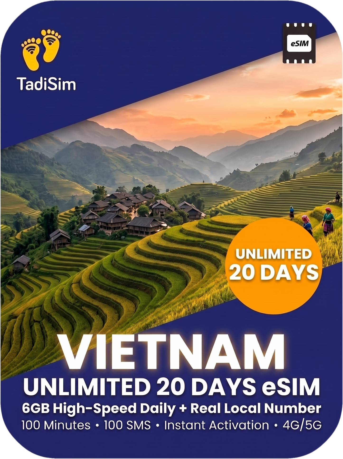 TadiSim Vietnam unlimited 20 days eSIM card product graphic with a scenic terraced rice fields background, dark blue border, and orange circular badge reading 'UNLIMITED 20 DAYS'.