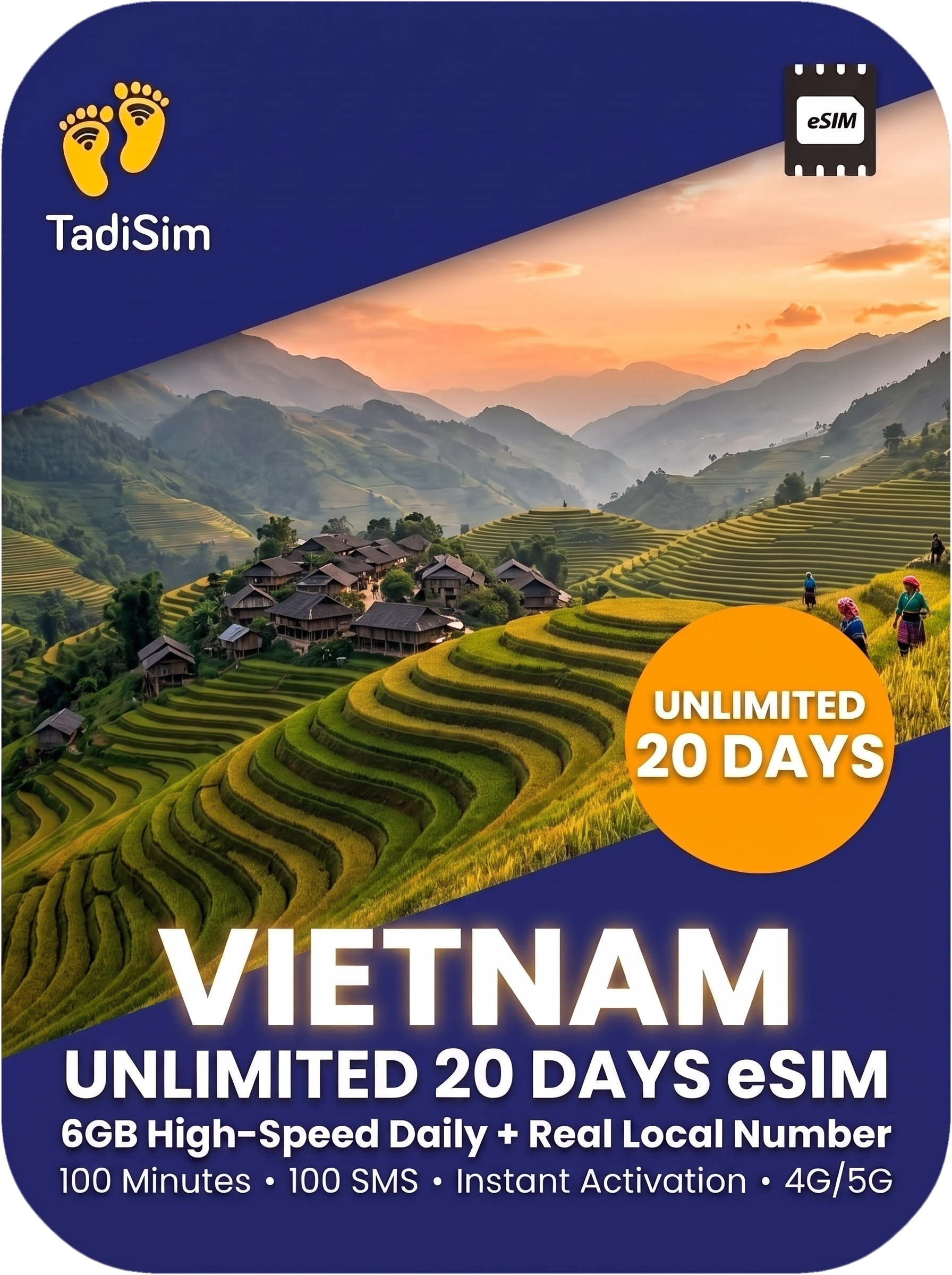 TadiSim Vietnam unlimited 20 days eSIM card product graphic with a scenic terraced rice fields background, dark blue border, and orange circular badge reading 'UNLIMITED 20 DAYS'.
