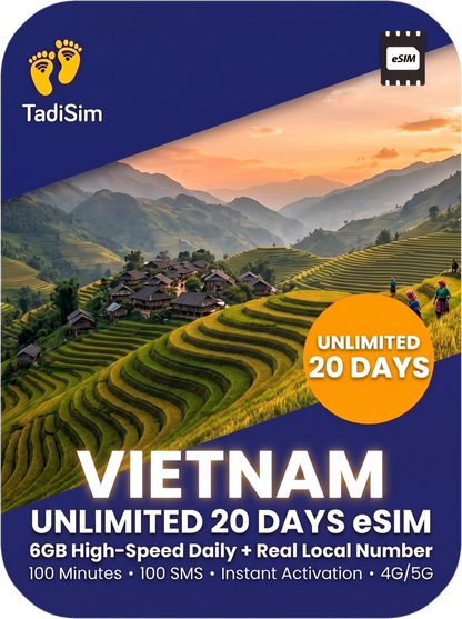 TadiSim Vietnam unlimited 20 days eSIM card product graphic with a scenic terraced rice fields background, dark blue border, and orange circular badge reading 'UNLIMITED 20 DAYS'.
