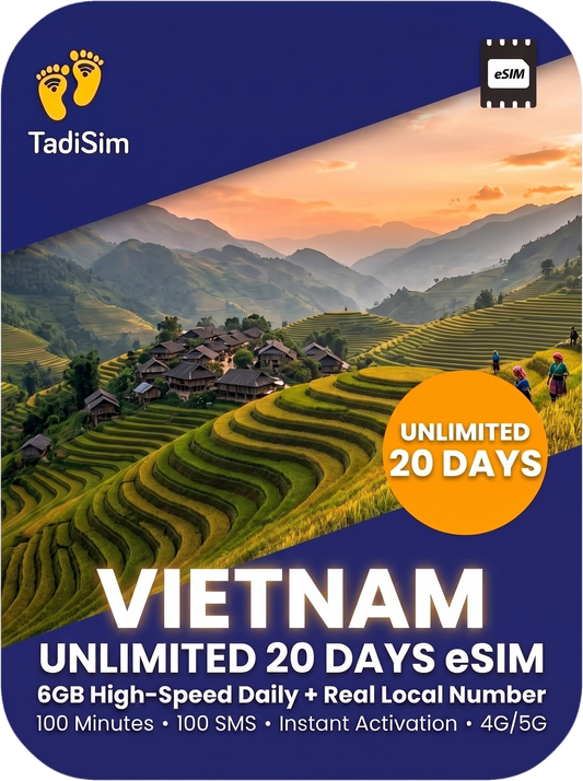 TadiSim Vietnam unlimited 20 days eSIM card product graphic with a scenic terraced rice fields background, dark blue border, and orange circular badge reading 'UNLIMITED 20 DAYS'.
